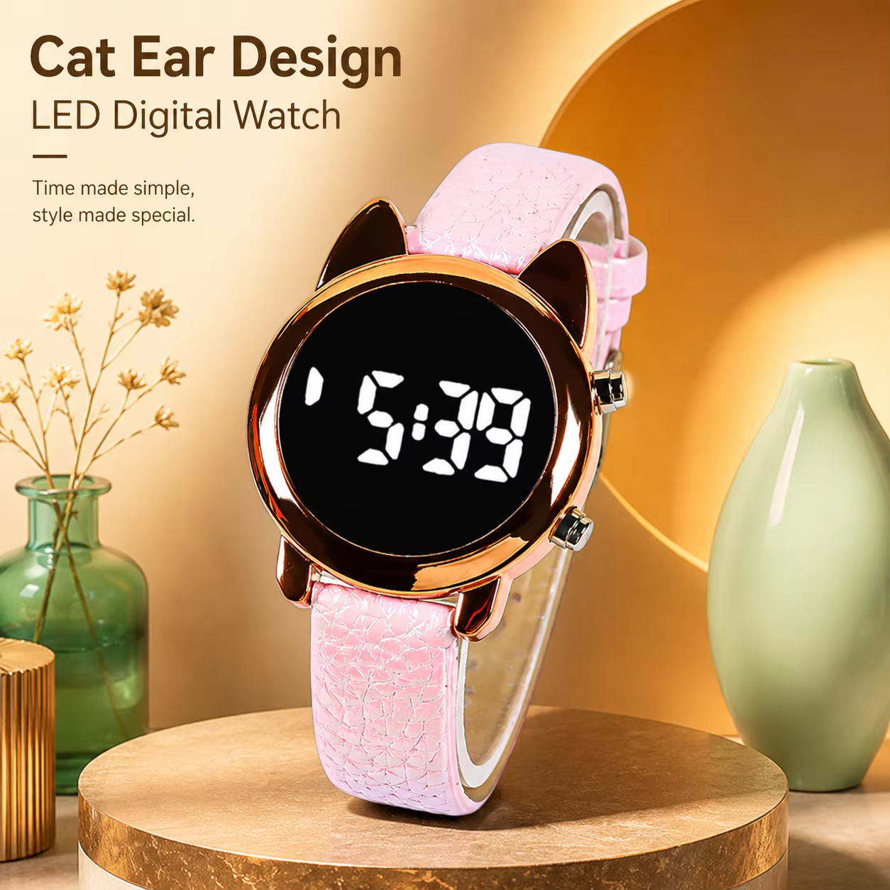 Montre numérique LED pour femme avec design oreilles de chat