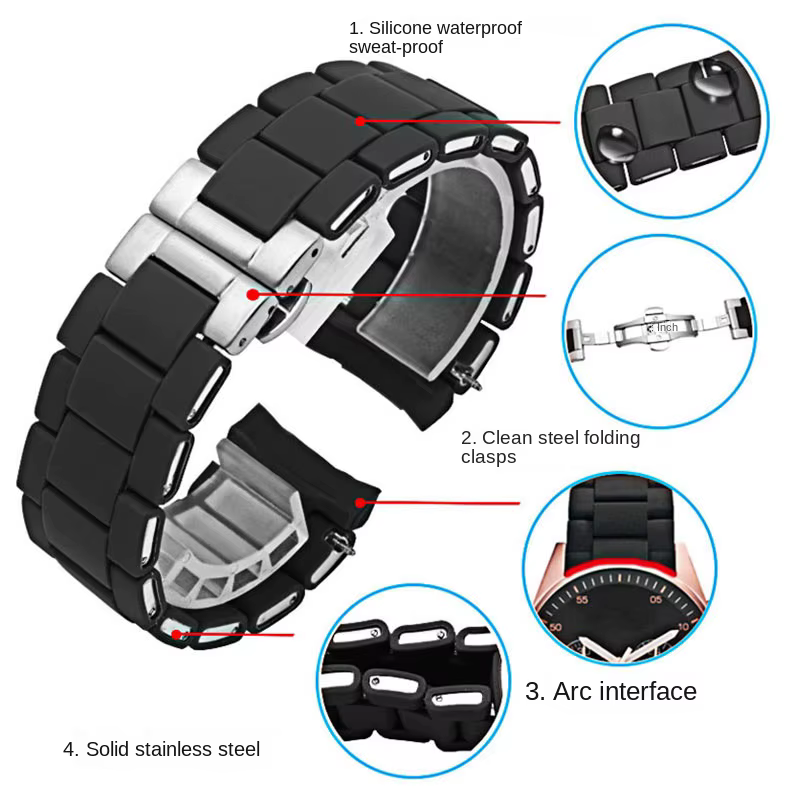 Bracelet de montre en acier plaqué caoutchouc silicone blanc et noir