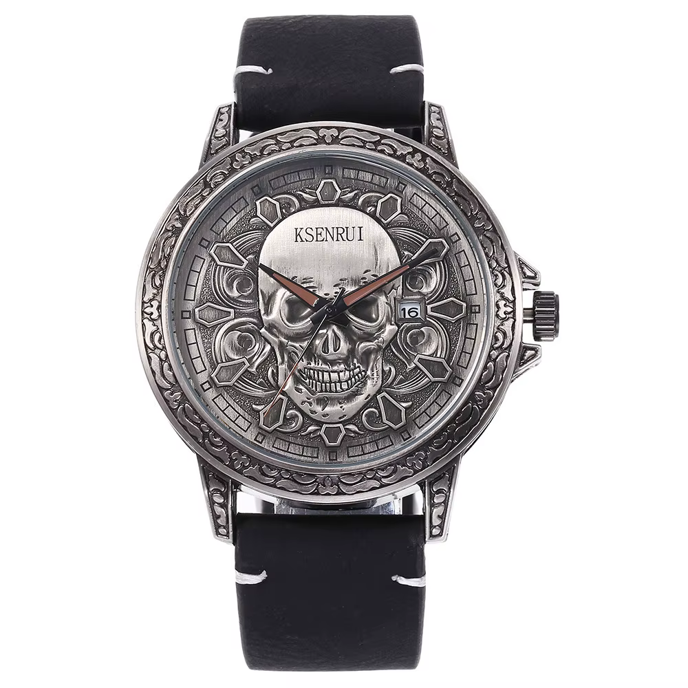 Cool hommes montre crâne visage conception mode acier bracelet en cuir rétro