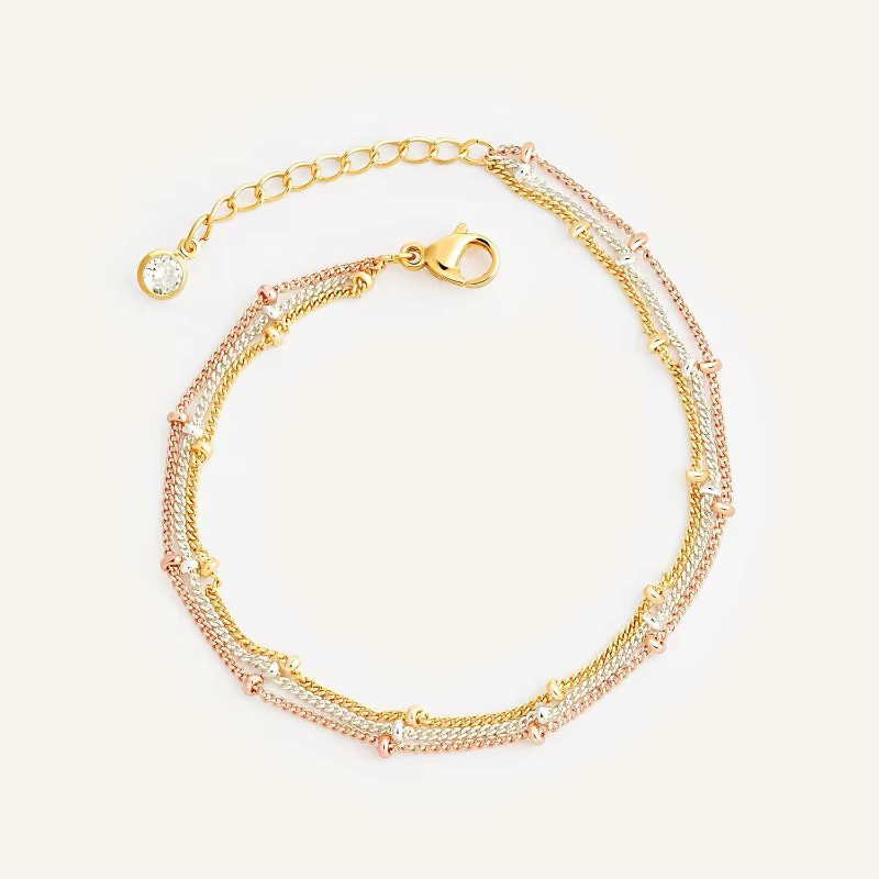 Bracelet de perles triple 3 couleurs pour femmes, plaqué or 14 carats, chaîne délicate en acier inoxydable, Simple, mignon, fait à la main, petits bijoux pour elle