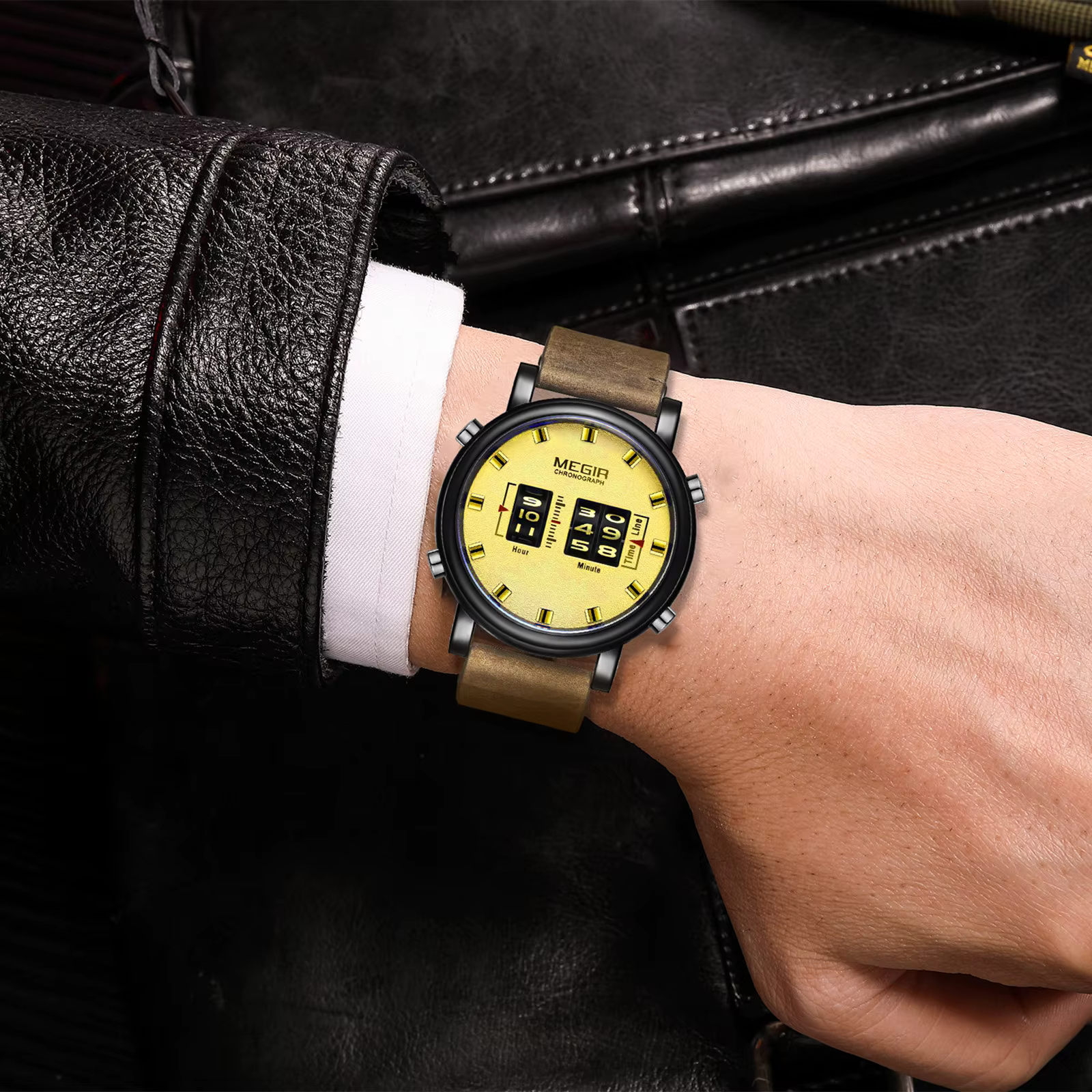 MEGIR marque de luxe hommes Sport montres décontractées bracelet en cuir numérique rouleau pointeur Quartz montre-bracelet horloge Relogio Masculino 2137