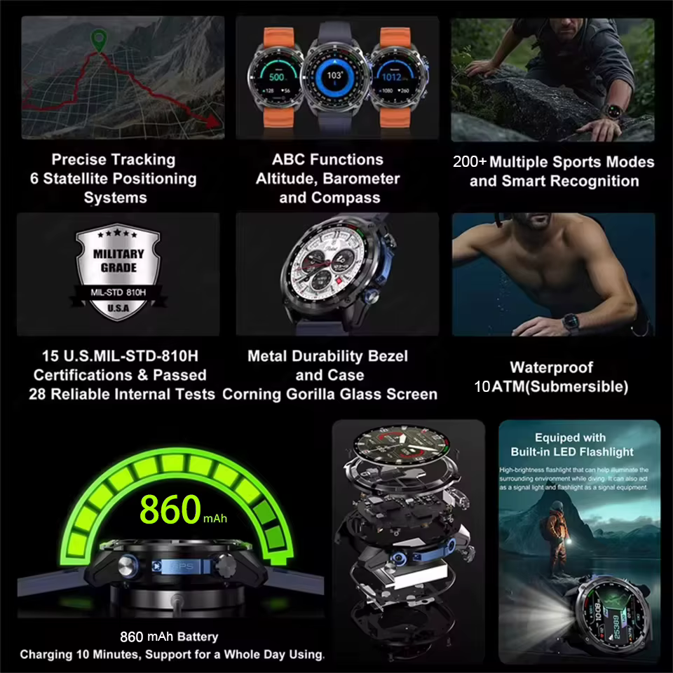 2025 extérieur GPS montre nouveau 1000mAh batterie t-rex 3 militaire