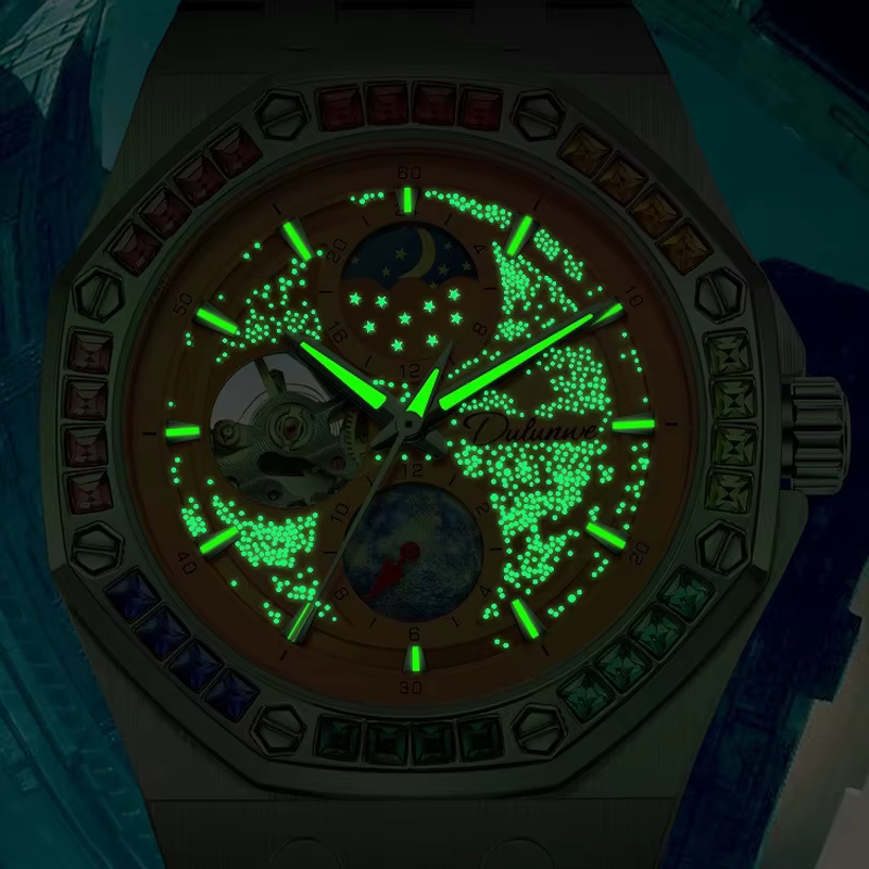 Montre mécanique automatique avec lunette en pierres précieuses arc-en-ciel pour hommes