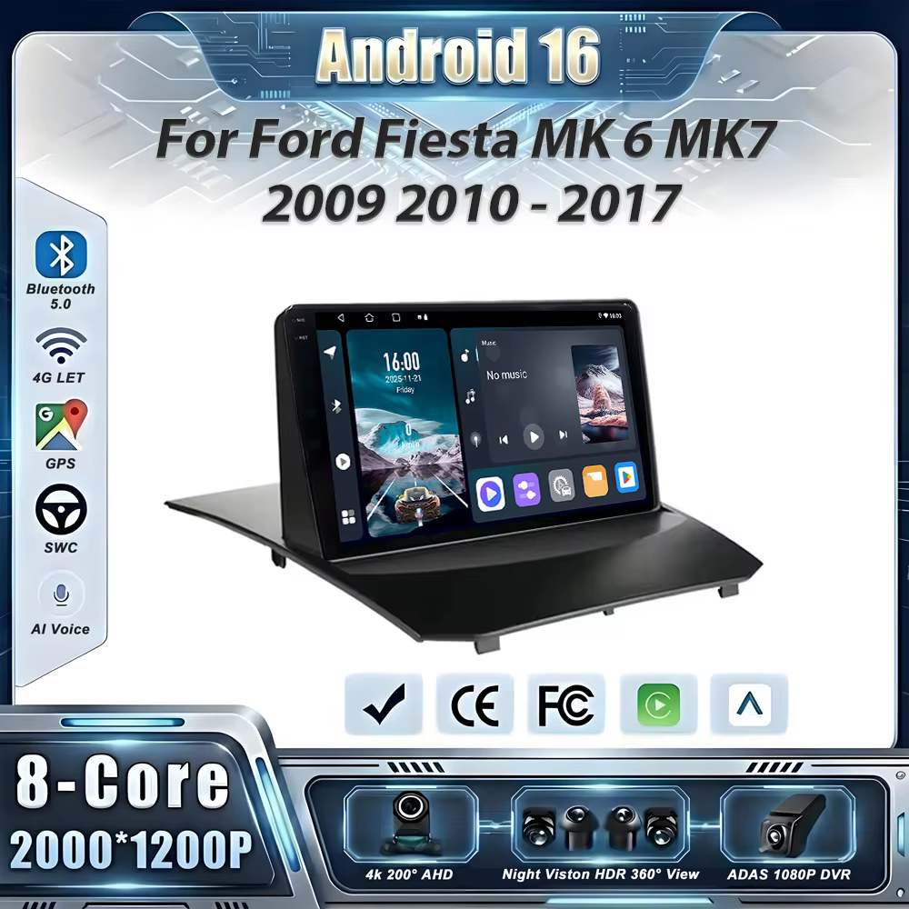 Autoradio GPS Android 16 pour Ford Fiesta MK6 MK7 2009 2010 - 2017, Navigation GPS, Lecteur Multimédia, Écran QLED 5G 2K