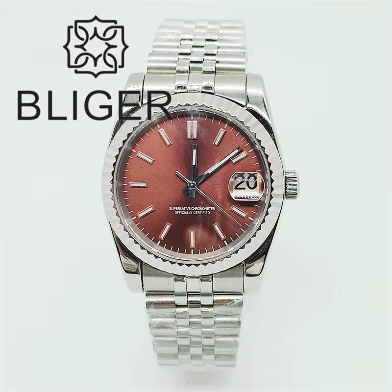 BLIGER 36mm/39mm Sunburst cadran marron montre NH35 lunette cannelée saphir cristal Rose bord bâtons Index jubilé Bracelet étanche