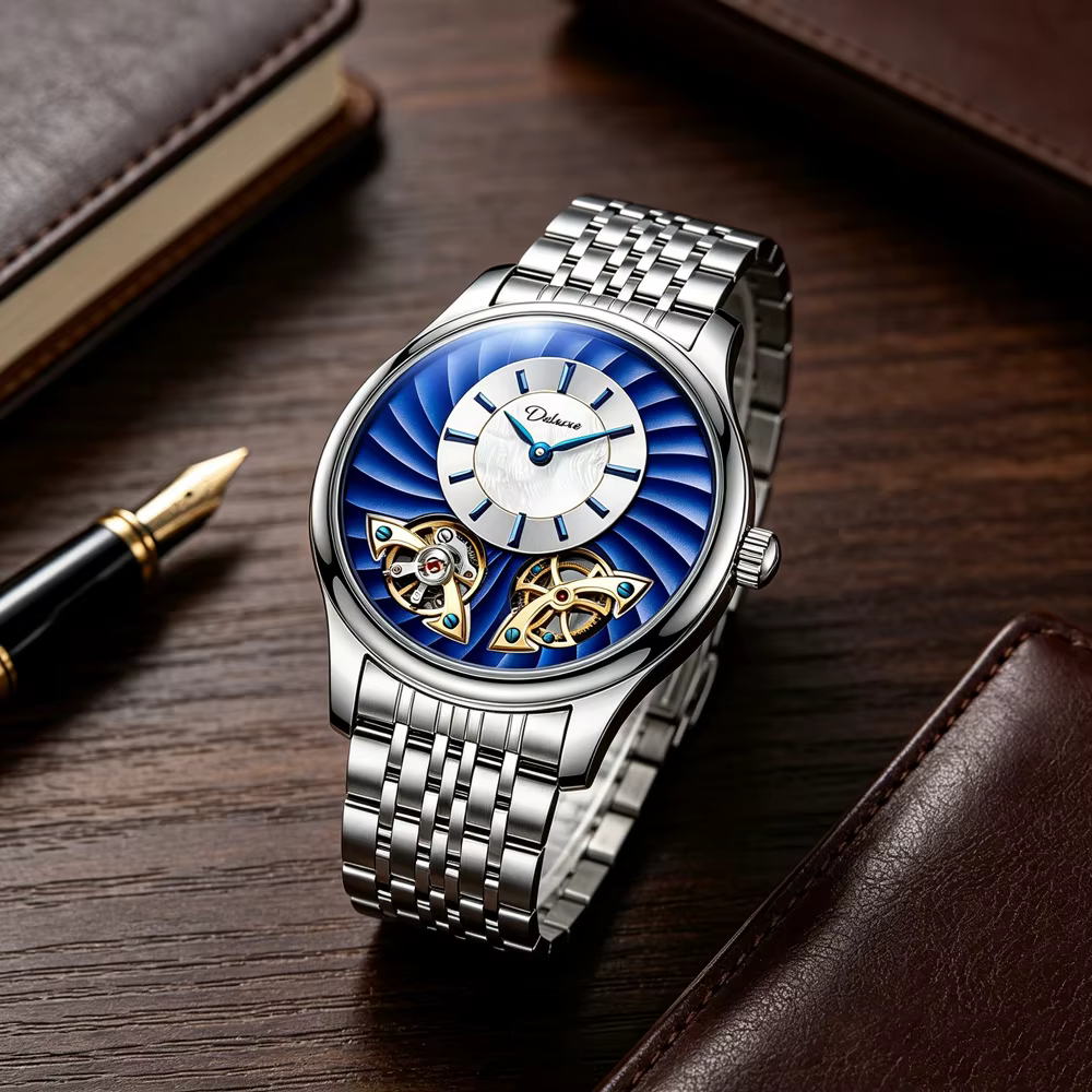 Montre pour homme avec double tourbillon rotatif bleu