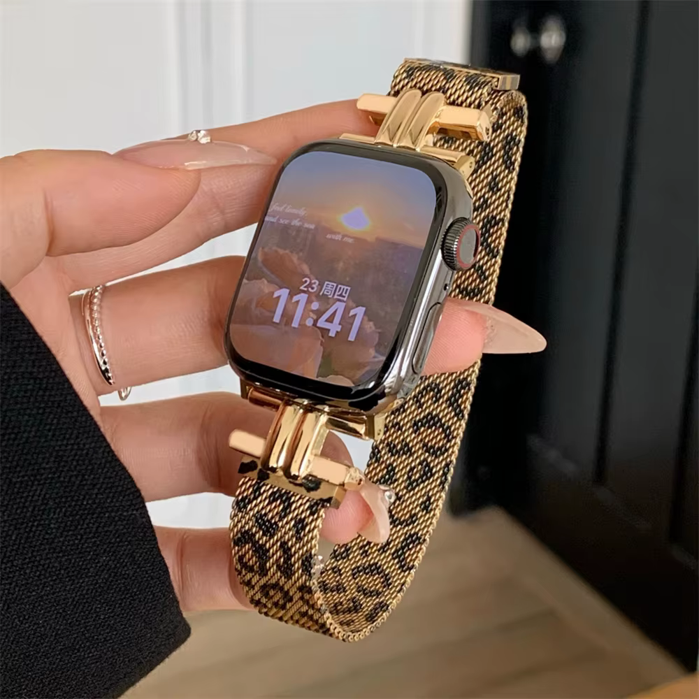 Bracelet femme imprimé léopard pour iWatch 38 42 41mm pour Bracelet de montre Apple série 8 Ultra SE 7 6 5 40 44 45mm Bracelet en acier inoxydable