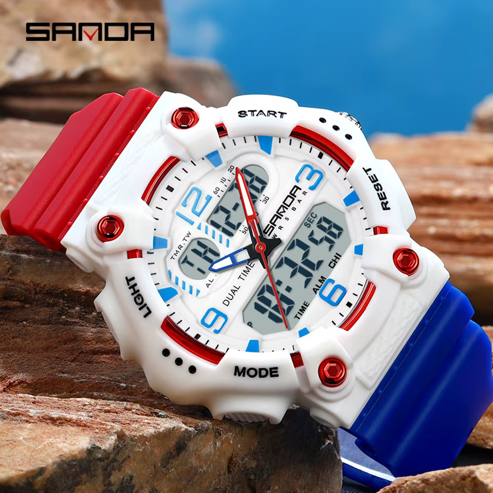 SANDA 6179 nouveau femmes Sport Quartz montre électronique double affichage multi fonctionnel LED veilleuse étanche