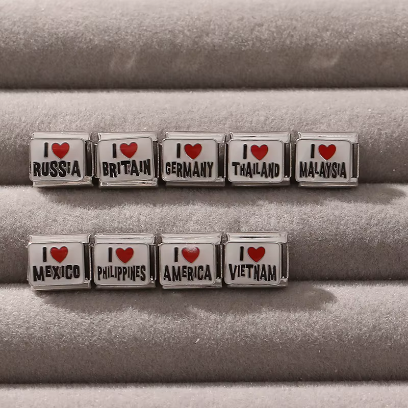 J'aime mexique, amérique, grande-bretagne, russie, cœur, breloque italienne, maillons adaptés au Bracelet en acier inoxydable de 9mm, pour hommes et femmes, bricolage, cadeaux