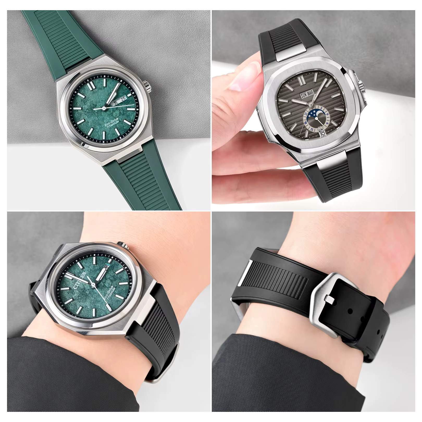 Bracelet en caoutchouc fluoré adapté à la montre Citizen Promaster Titanium AW0130-85X Patek Philippe Nautilus avec fermoir en acier inoxydable