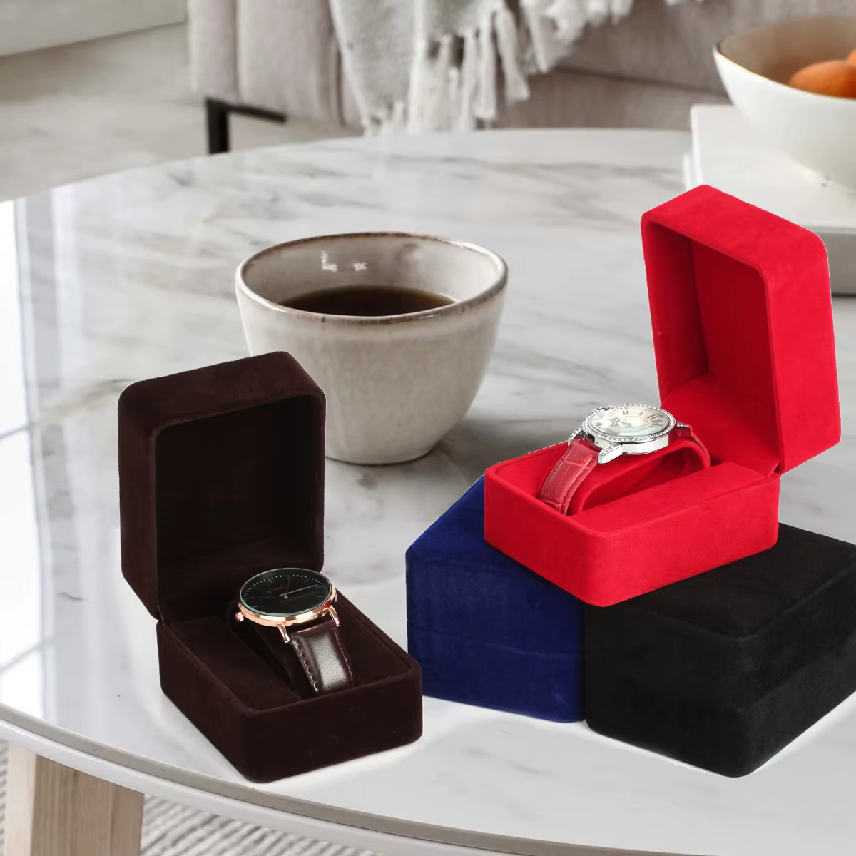 Boîte de montre en velours à coins ronds pour montre connectée