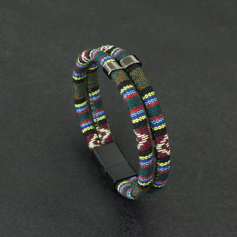 Noter nouveau Bracelet pour hommes avec corde détachable aimant boucle Wrap Braslet Double couche bohème tissu