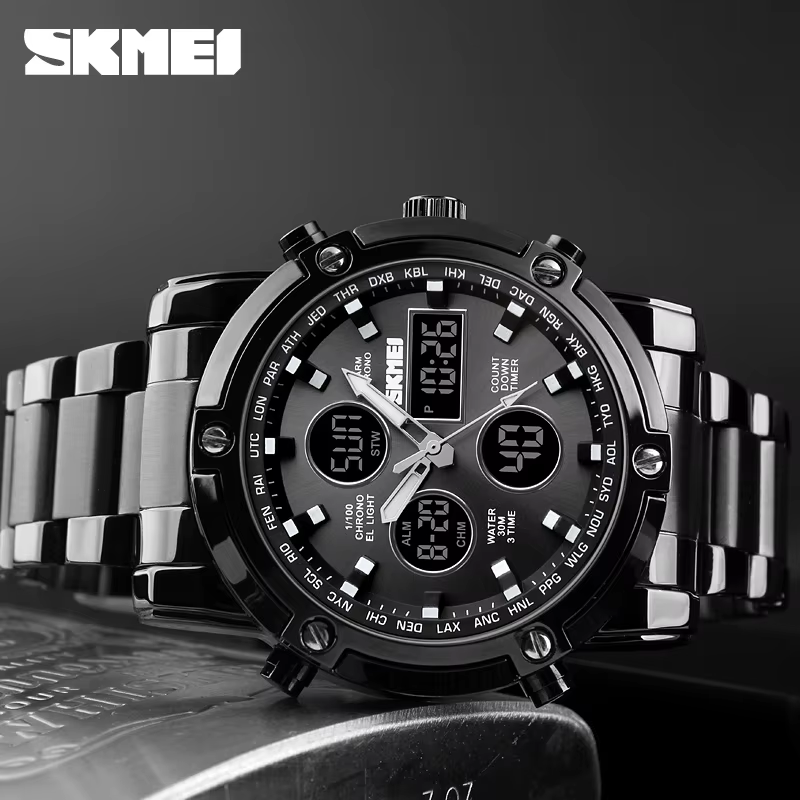 SKMEI 1389 Bracelet montre-Bracelet horloge montre à Quartz numérique hommes trois fois étanche