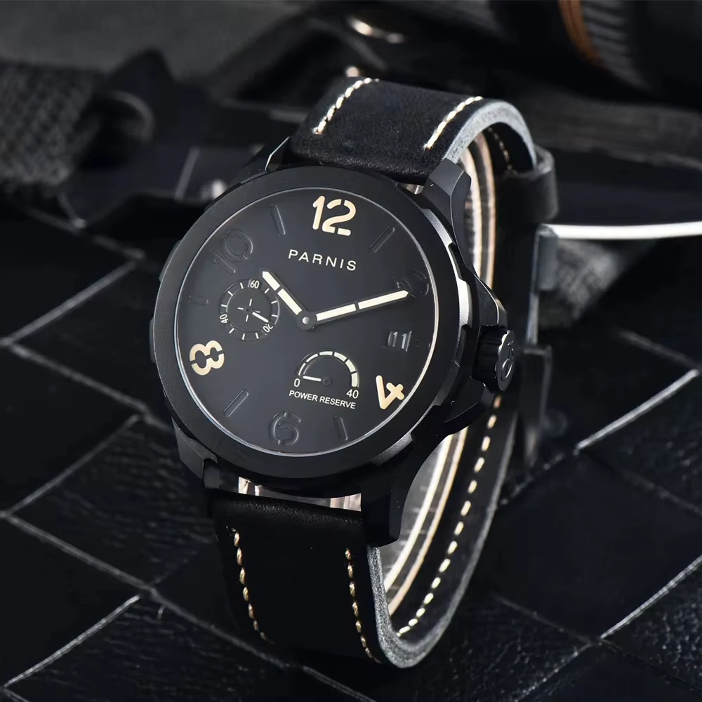 Parnis 44mm boîtier en argent automatique mécanique hommes montre indicateur de réserve de marche marqueur lumineux