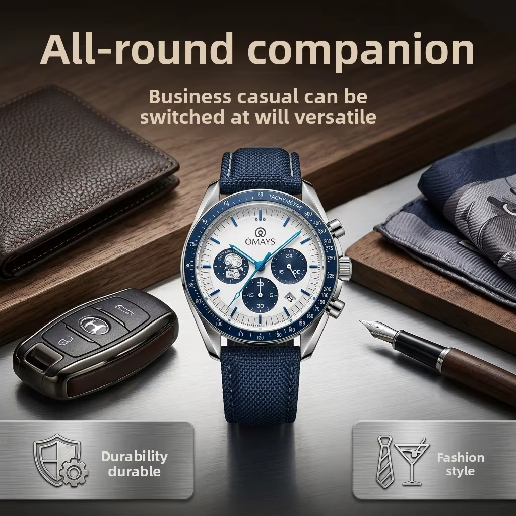 OMAYS 50th Anniversary Racing Chronograph Bracelet en nylon bleu – Montre de sport haut de gamme pour homme