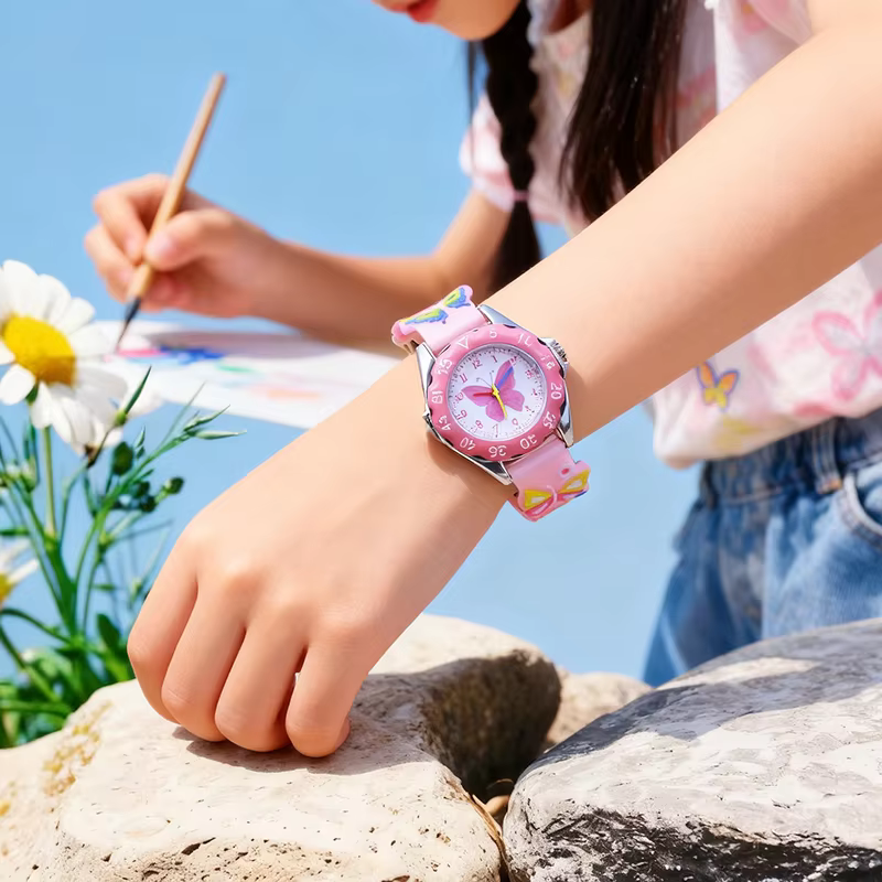 Enfants garçon fille apprendre le temps montres à quartz numériques élève de l'école primaire mignon rose papillon