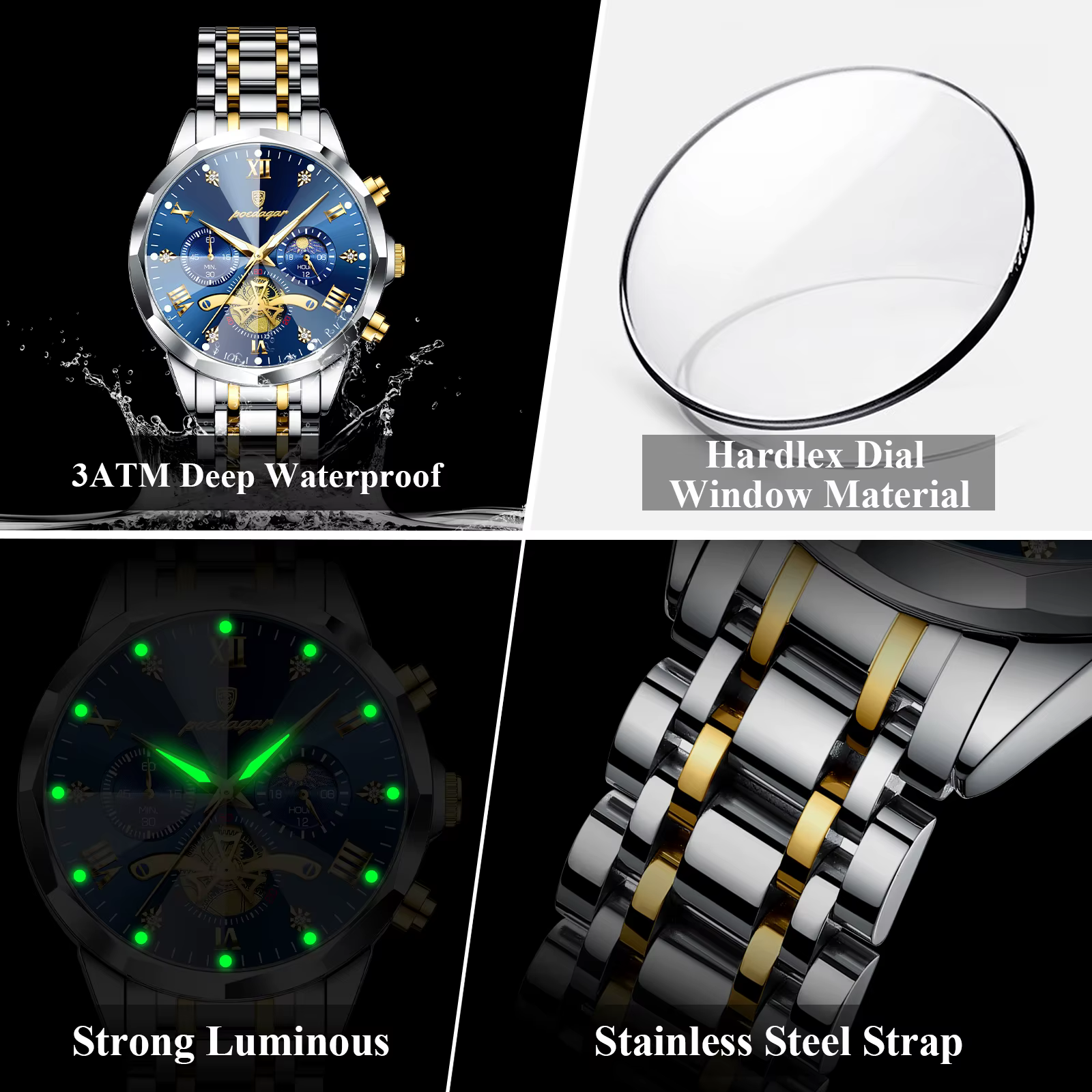 POEDAGAR luxe hommes montre haut Original étanche lumineux chronographe homme montre-bracelet en acier inoxydable Quartz