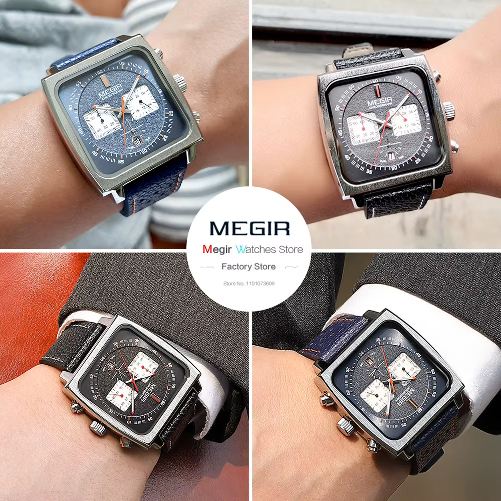 Montre MEGIR à cadran carré bleu pour homme