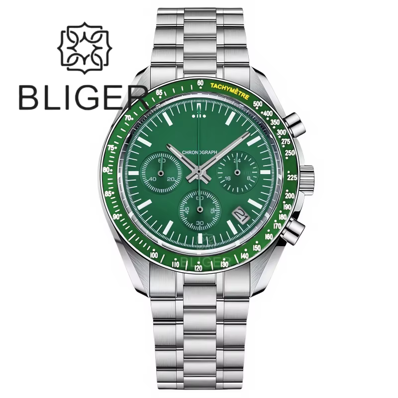 BLIGER 39mm Vintage lune chronographe montre pour hommes VK63 mouvement à Quartz en acier inoxydable bulle cristal étanche vert lumineux