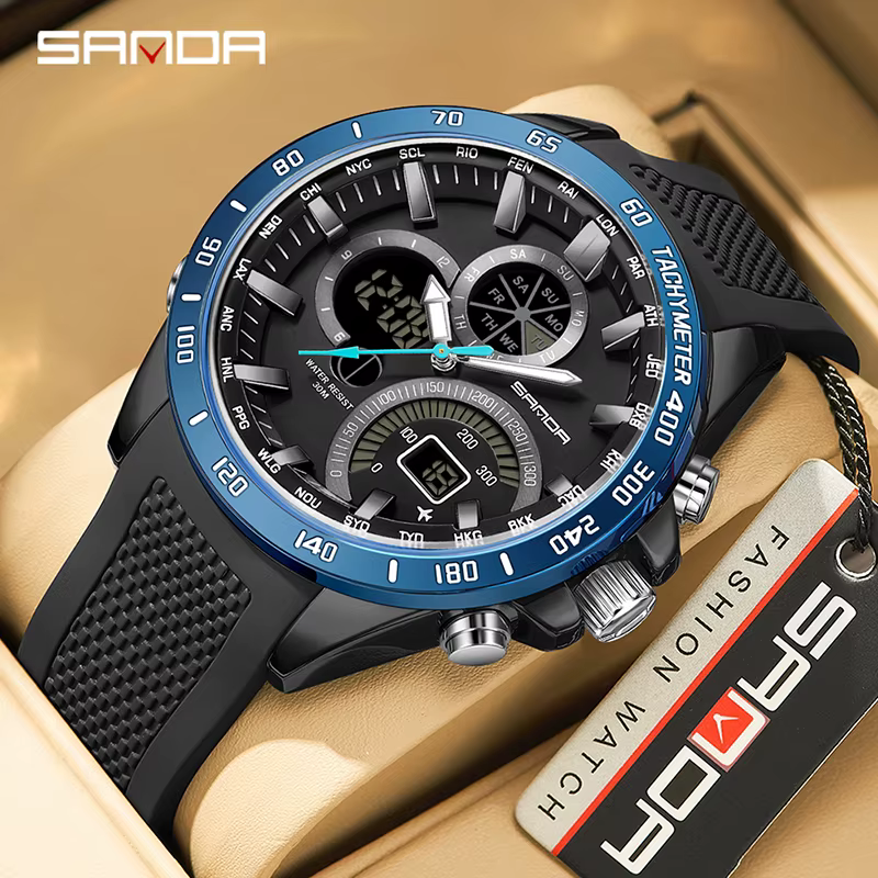 SANDA hommes marée nom montre numérique 30 M étanche montre-bracelet LED Quartz horloge Sport