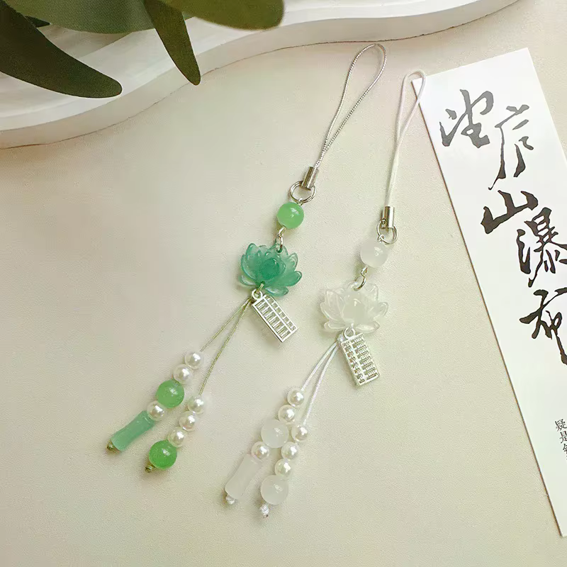 Accessoires de style chinois, cadeaux, chaîne de caméra, pendentif de sac, pendentif fleur de lotus, porte-clés, chaîne de téléphone, décoration de perles