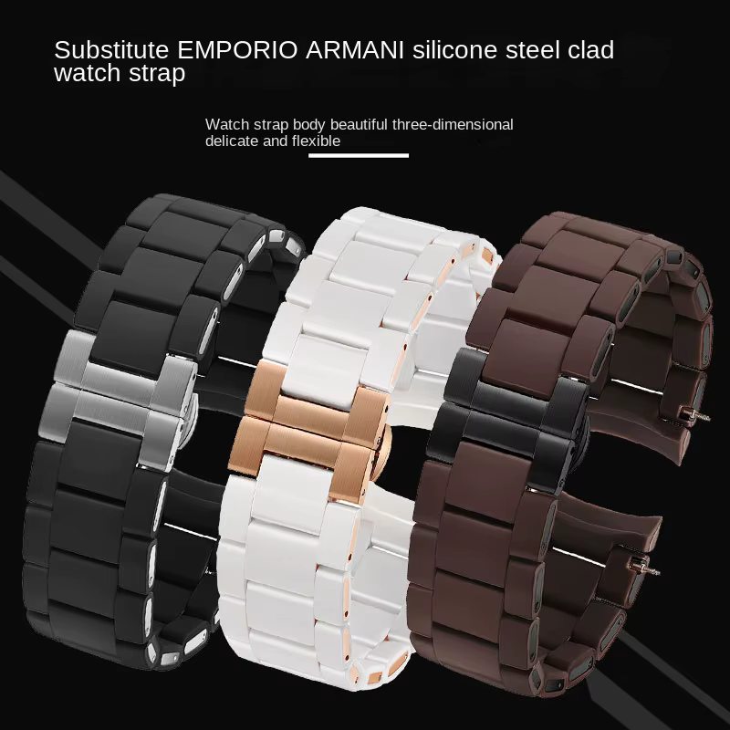 Bracelet de montre en acier plaqué caoutchouc silicone blanc et noir