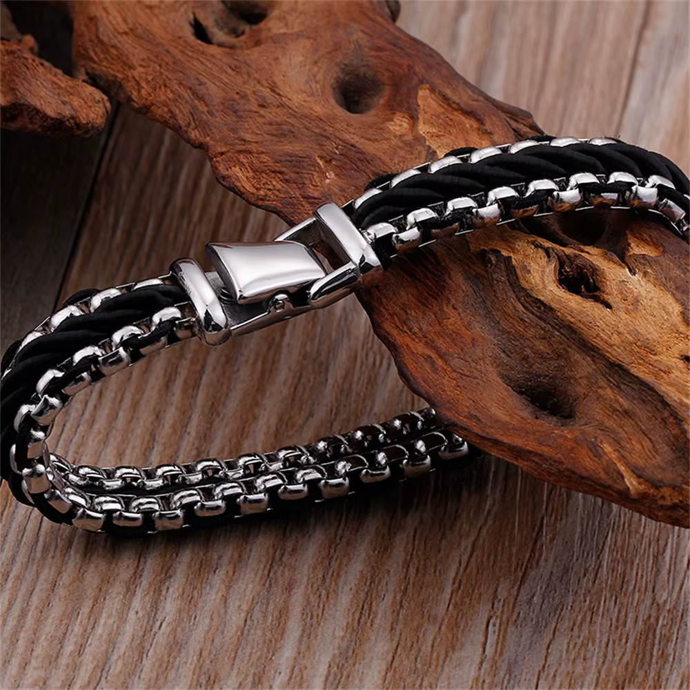 Bracelet en corde de nylon tressée vintage pour hommes, 12 mm de large, maillons en acier inoxydable doré, bracelet de luxe, bijoux, meilleur cadeau pour petit ami