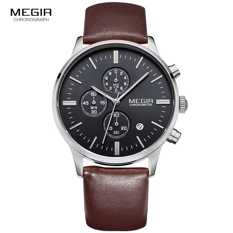 Mode Megir 2011 Top marque Quartz hommes lumineux étanche montre de sport homme Commercial en cuir véritable affaires montres