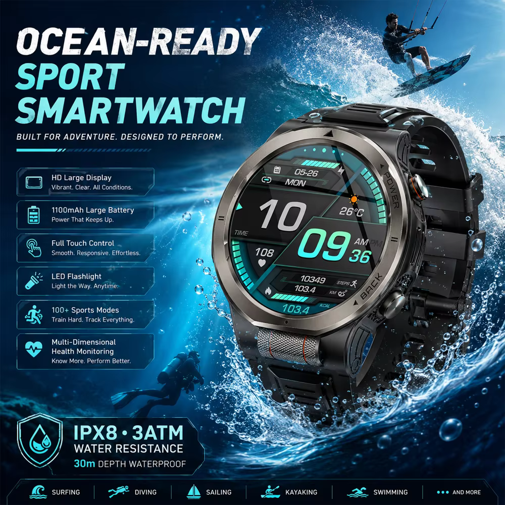 Montre connectée étanche 3ATM, moniteur de santé et d'oxygène sanguin, appels Bluetooth, contrôle de la musique, plus de 100 modes sportifs, montre de fitness