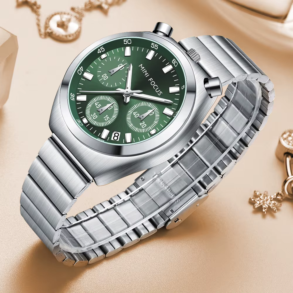 MINI FOCUS montre à Quartz vert argent pour femmes mode bracelet en acier inoxydable chronographe montre-bracelet avec aiguilles lumineuses Date 0491