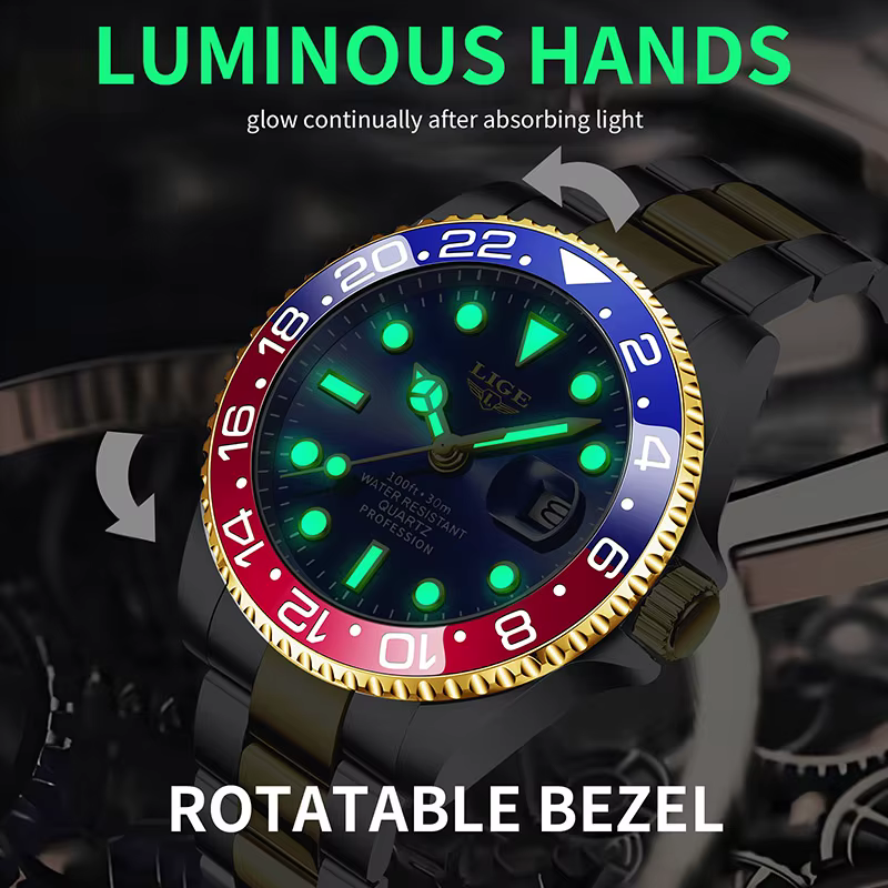 LIGE 2025 nouvelle montre pour hommes lumineux en acier inoxydable affaires quartz horloge de luxe montres étanches
