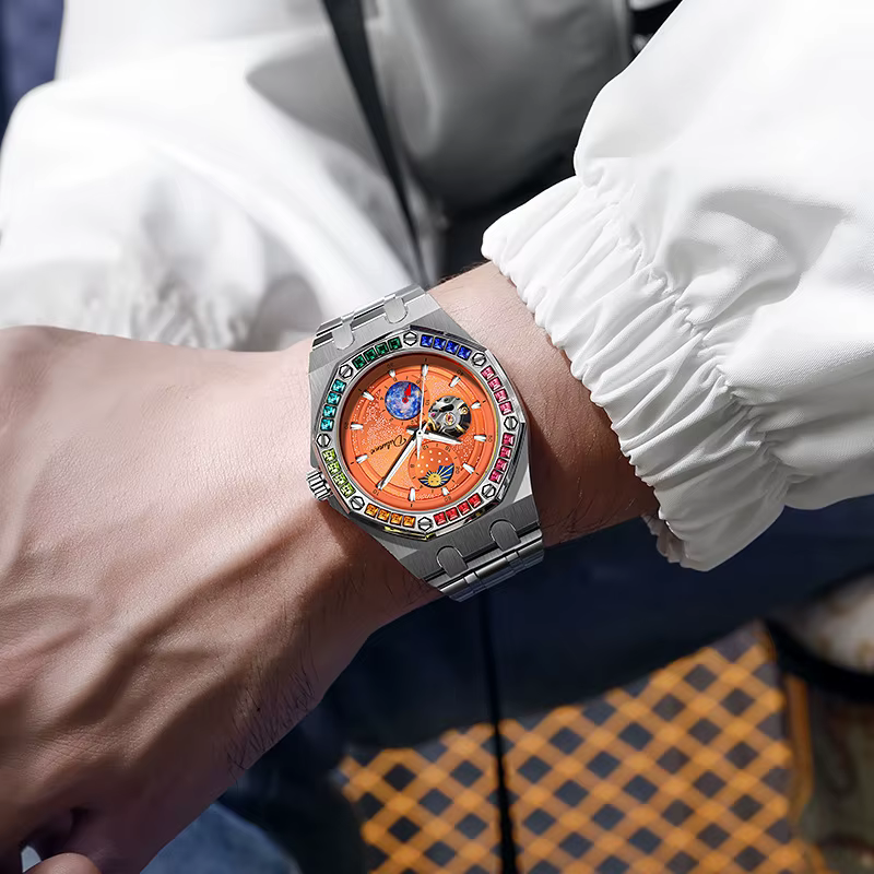 Montre mécanique automatique avec lunette en pierres précieuses arc-en-ciel pour hommes