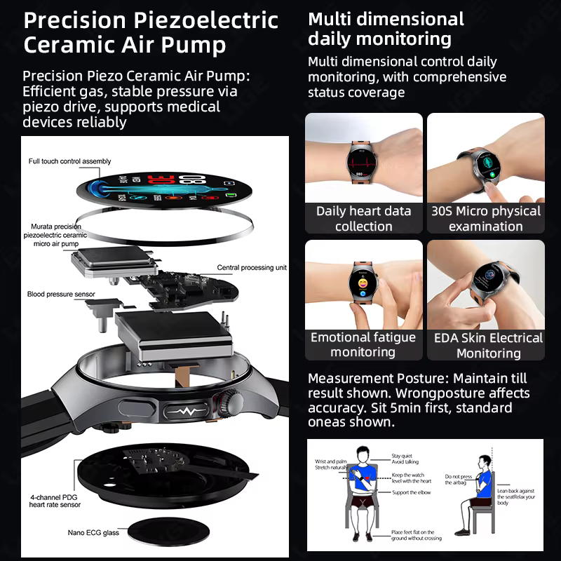 Montre connectée LIGE avec pompe à air et airbag pour la mesure de la pression artérielle, moniteur de santé multidimensionnel, examen physique microscopique, ECG+PPG