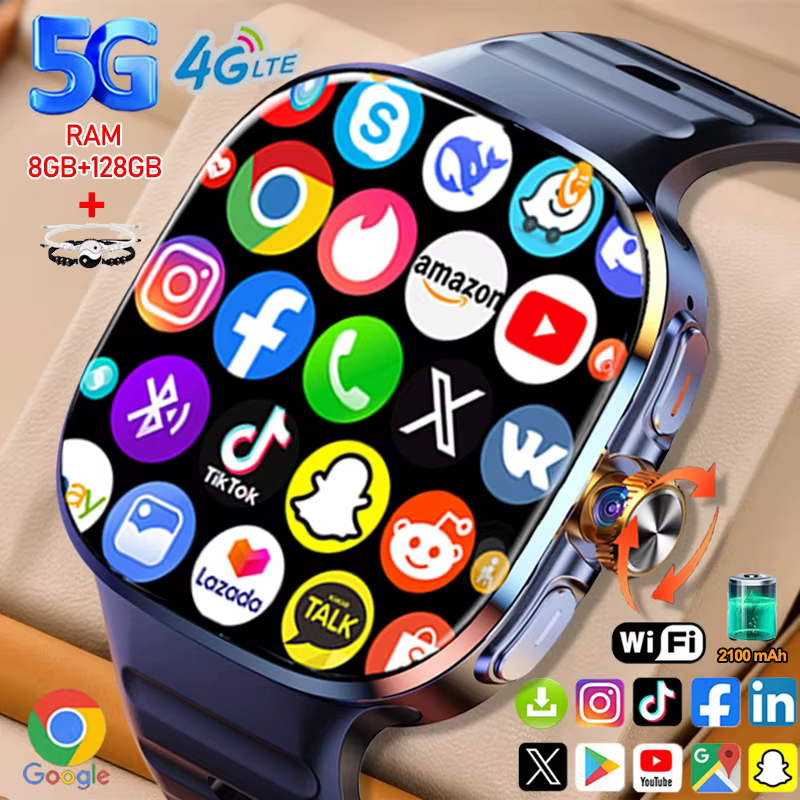 8GB + 128GB RAM 5G/4G Android 9.0 montre intelligente 2.4 pouces AMOLED 2100mah batterie 900W caméra GPS WIFI Google APPS télécharger Smartwatch