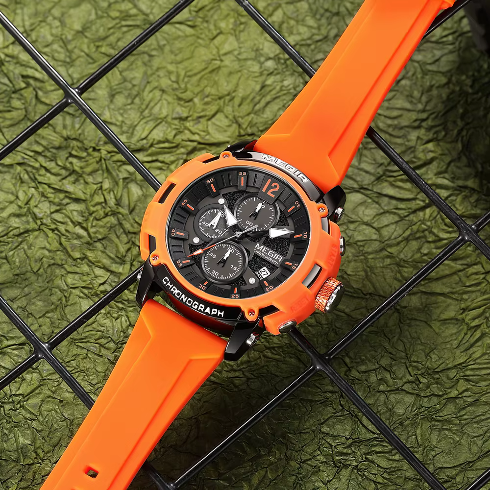 Megir montre à Quartz analogique chronographe pour hommes avec Date aiguilles lumineuses bracelet en Silicone Orange montre-bracelet étanche homme
