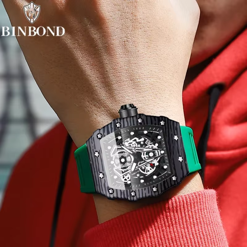 BINBOND marque hommes montres dominateur baril montre miroir incurvé Surface creuse sport