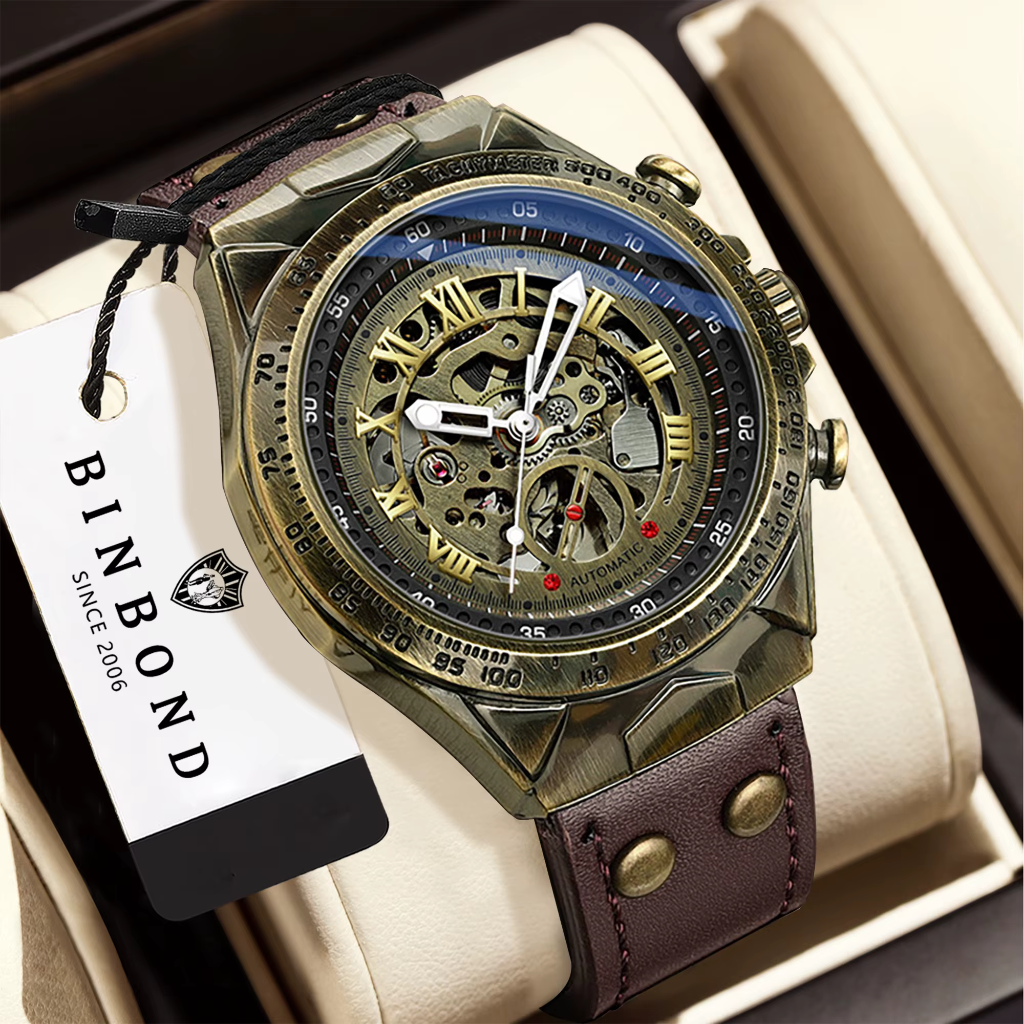 Montre mécanique vintage de luxe BINBOND pour homme