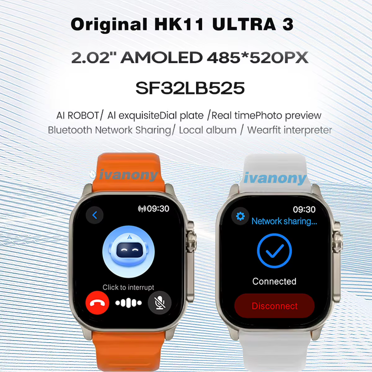 Ivanony montre intelligente HK11 ULTRA 3 2.02 pouces écran Amoled Bluetooth partage de réseau AI Robot hors ligne réveil vocal Smartwatch 2025