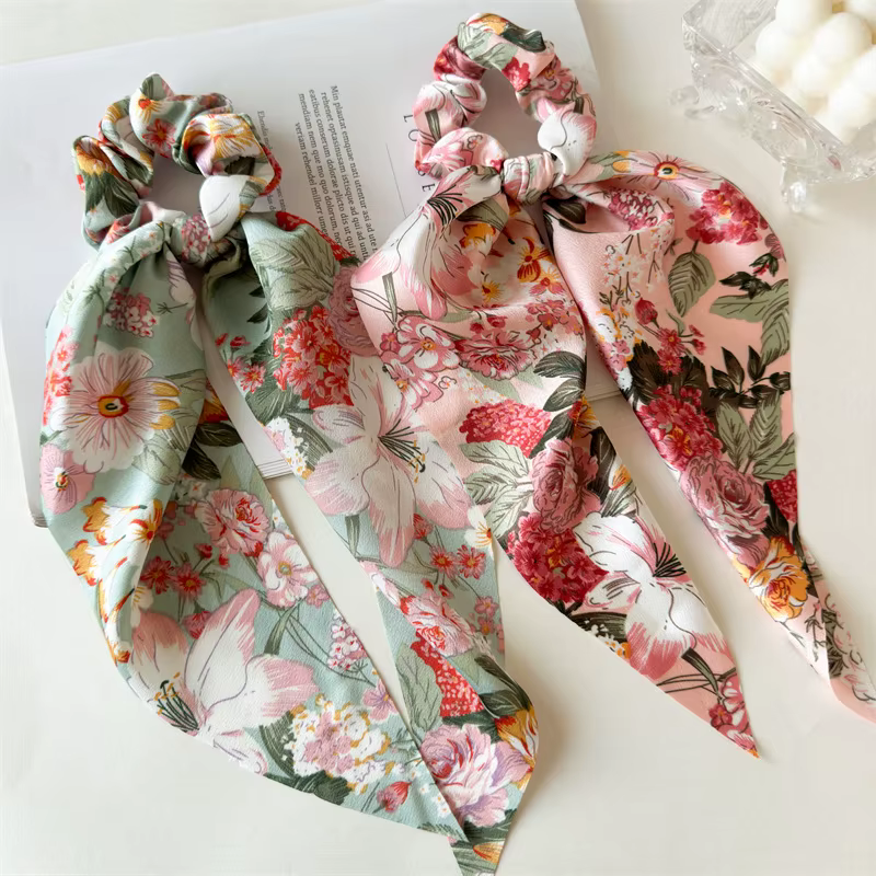 Bandeau plissé décoratif en ruban satiné imprimé, chouchou pour cheveux exquis pour femme, accessoires de mode printemps-été