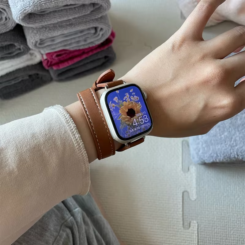 Bracelet en cuir Double Tour pour Apple Watch ultra band 49mm 45mm 42mm 44mm série 8 7 6 Se 5 4 3 2 Iwatch 6 38mm 40mm Correa 41mm