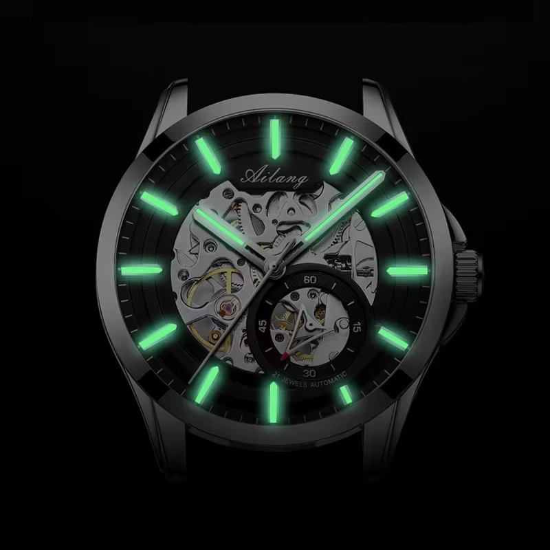 Montre Homme Automatique Mécanique AILANG Haut de Gamme en Acier Inoxydable Lumineuse Luxe Affaires Squelette Transparent