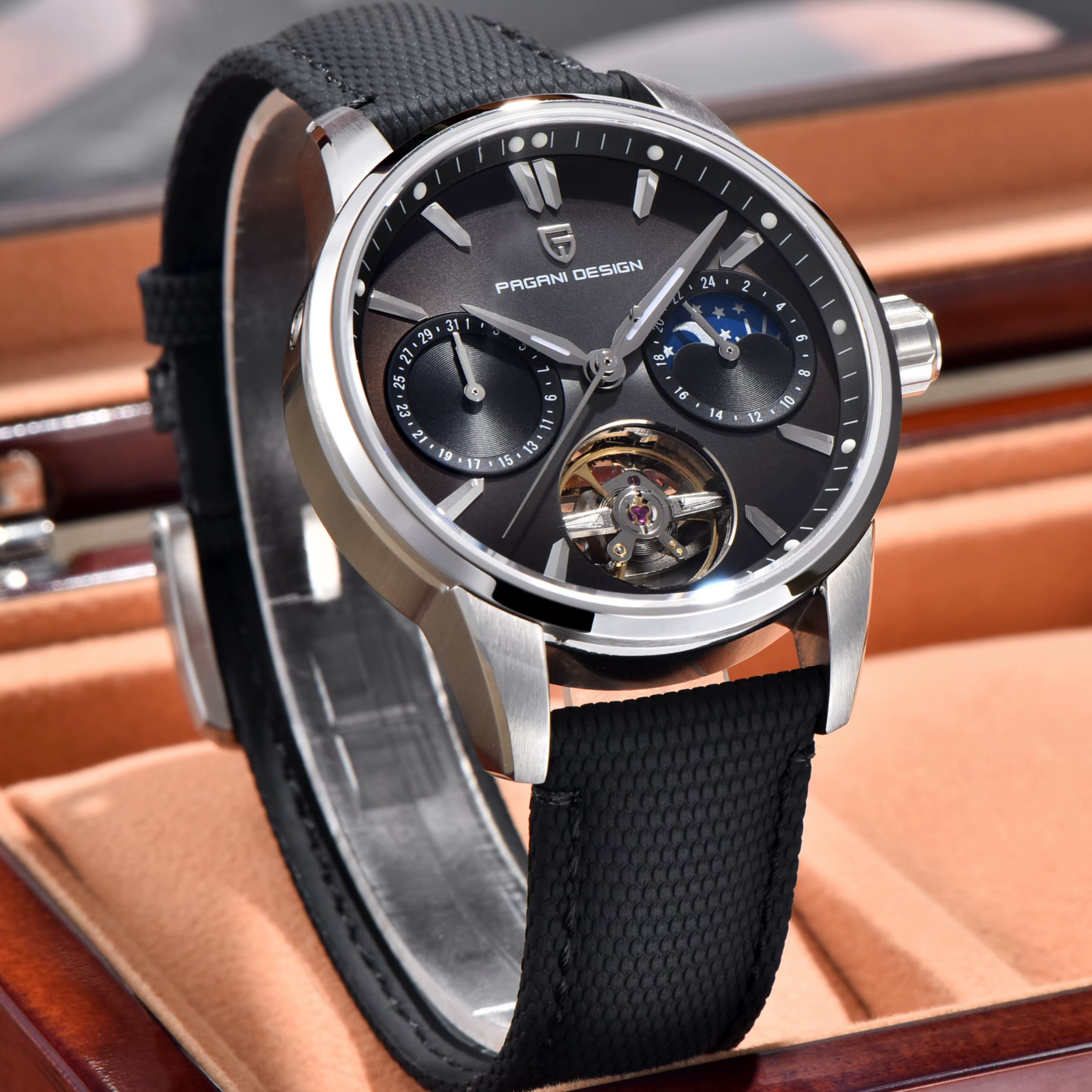 PAGANI DESIGN 2025 PD-YS021 montre mécanique de luxe pour hommes coeur ouvert Tourbillon phase de lune cadran violet saphir 41mm 100M WR