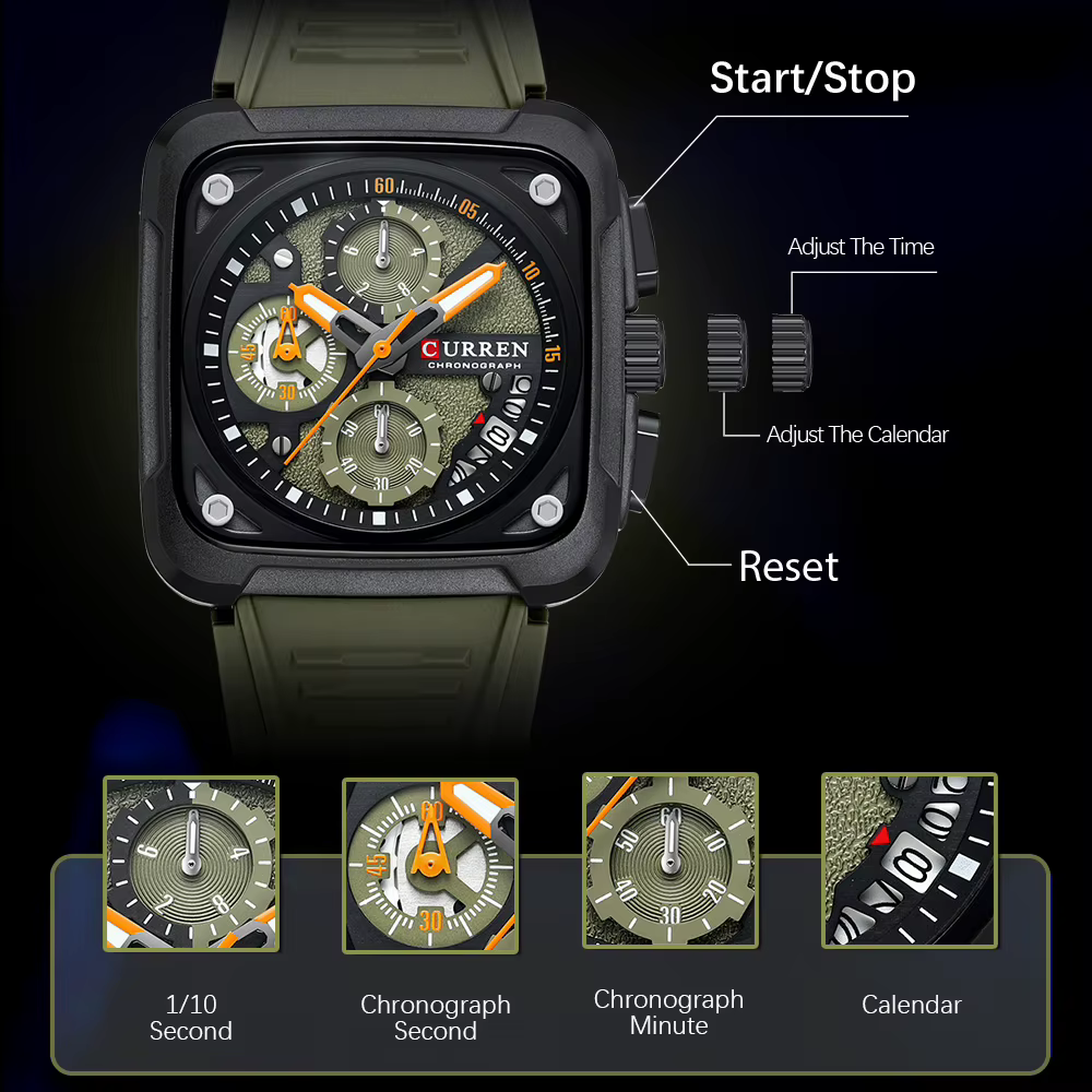 CURREN montres pour hommes marque sportive cadran carré Unique avec chronographe montre-bracelet à Quartz pour homme avec bracelet en Silicone étanche