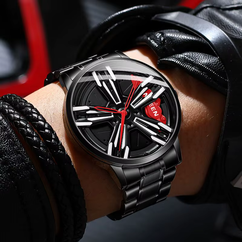 FNGEEN montre de course pour hommes personnalisé Super voiture jante conception en acier inoxydable noir rétro étanche