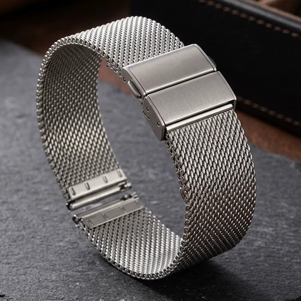 Bracelet de montre en maille milanaise 16 18 20 22 mm avec fermoir double-poussoir, bracelet argenté et noir compatible avec les montres connectées Samsung Huawei