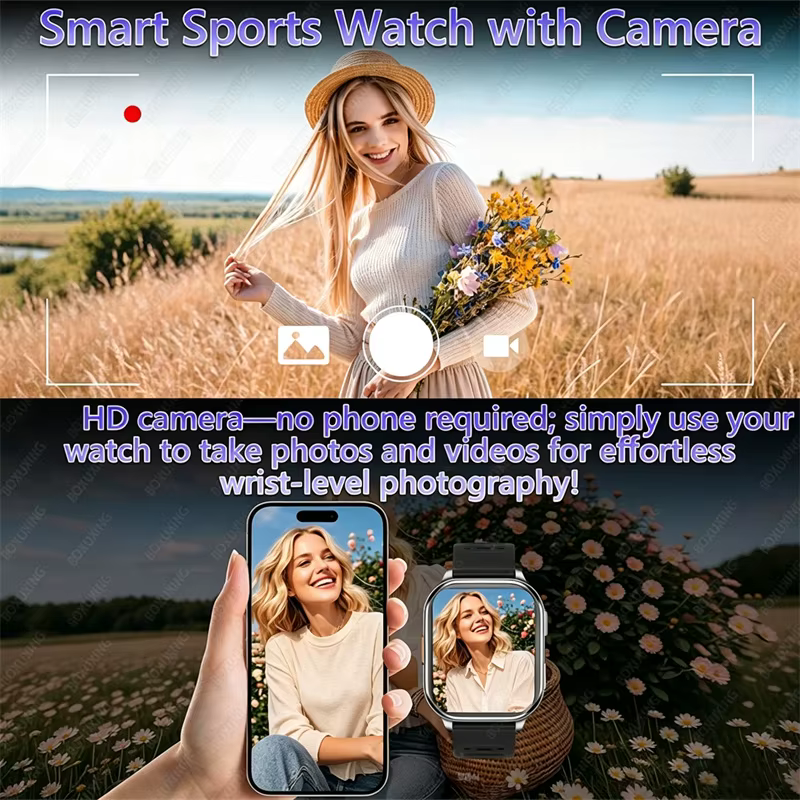 Nouvelle montre connectée avec caméra pour hommes et femmes, enregistrement de photos et vidéos, moniteur de santé, étanche, sport, fitness, appels Bluetooth HD, montre connectée pour homme