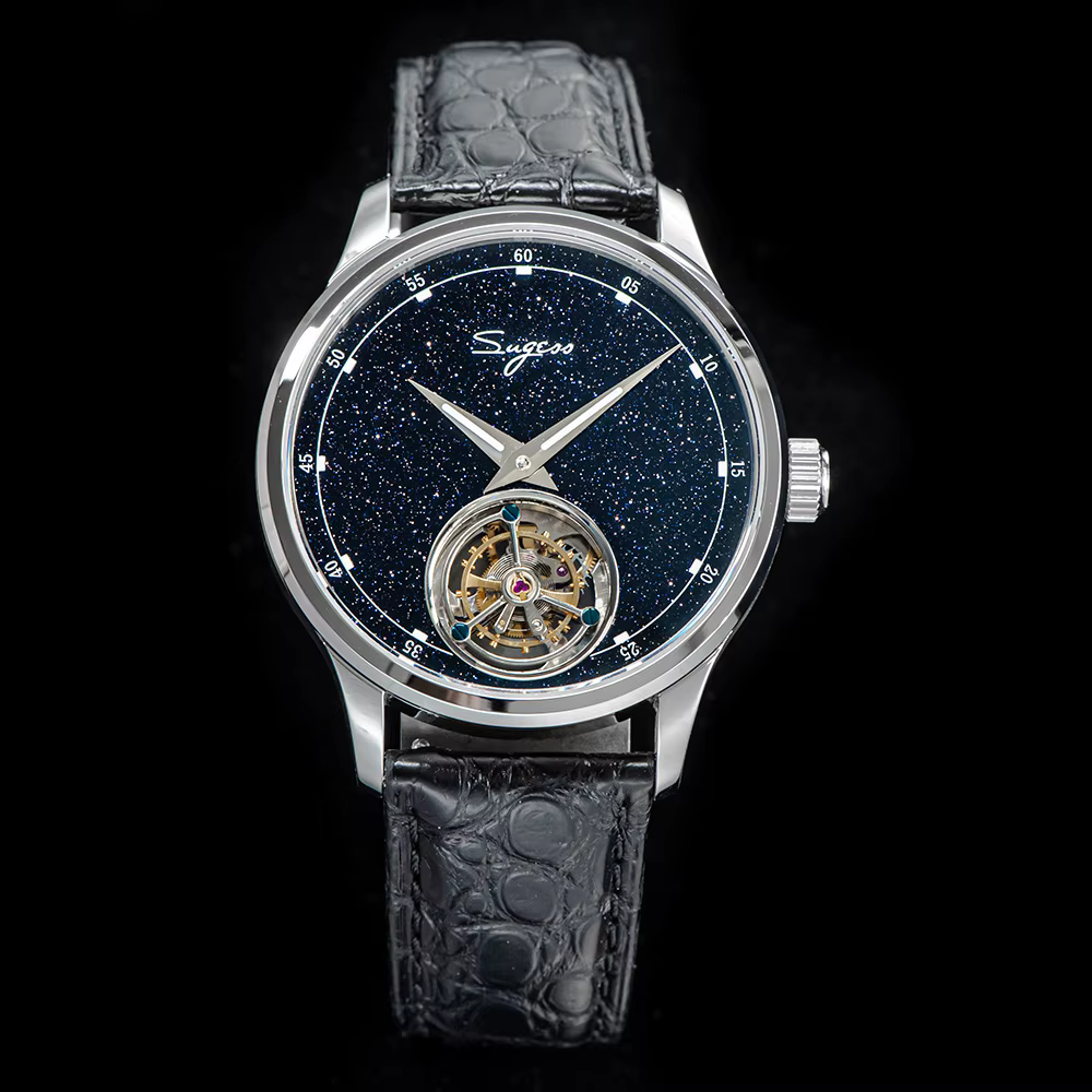 Sugess Tourbillon mouvement montre hommes de luxe mécanique montre-bracelet véritable pierre bleue Glamour maître