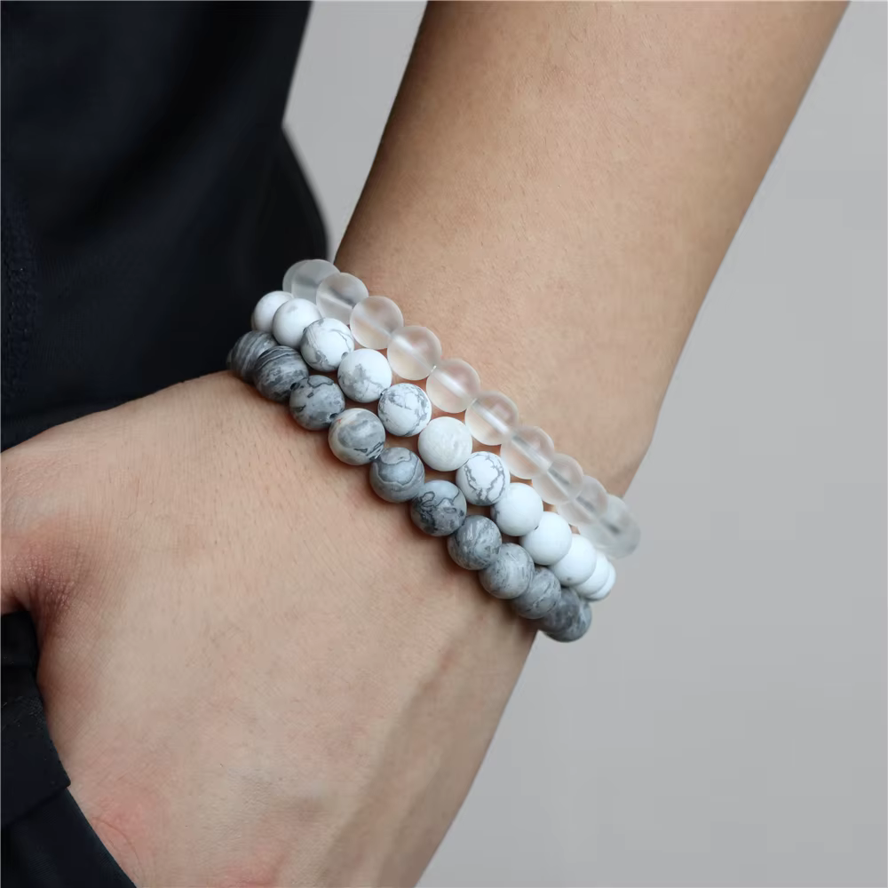 Bracelet en pierre naturelle noire et blanche de 8mm, fait à la main, en opale mate, perles, énergie, Yoga, pour hommes et femmes, bijoux cadeau