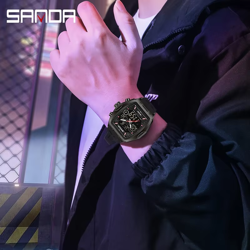 SANDA hommes double affichage montre électronique grand cadran sport LED analogique numérique chronographe militaire homme montre-bracelet relogio masculino