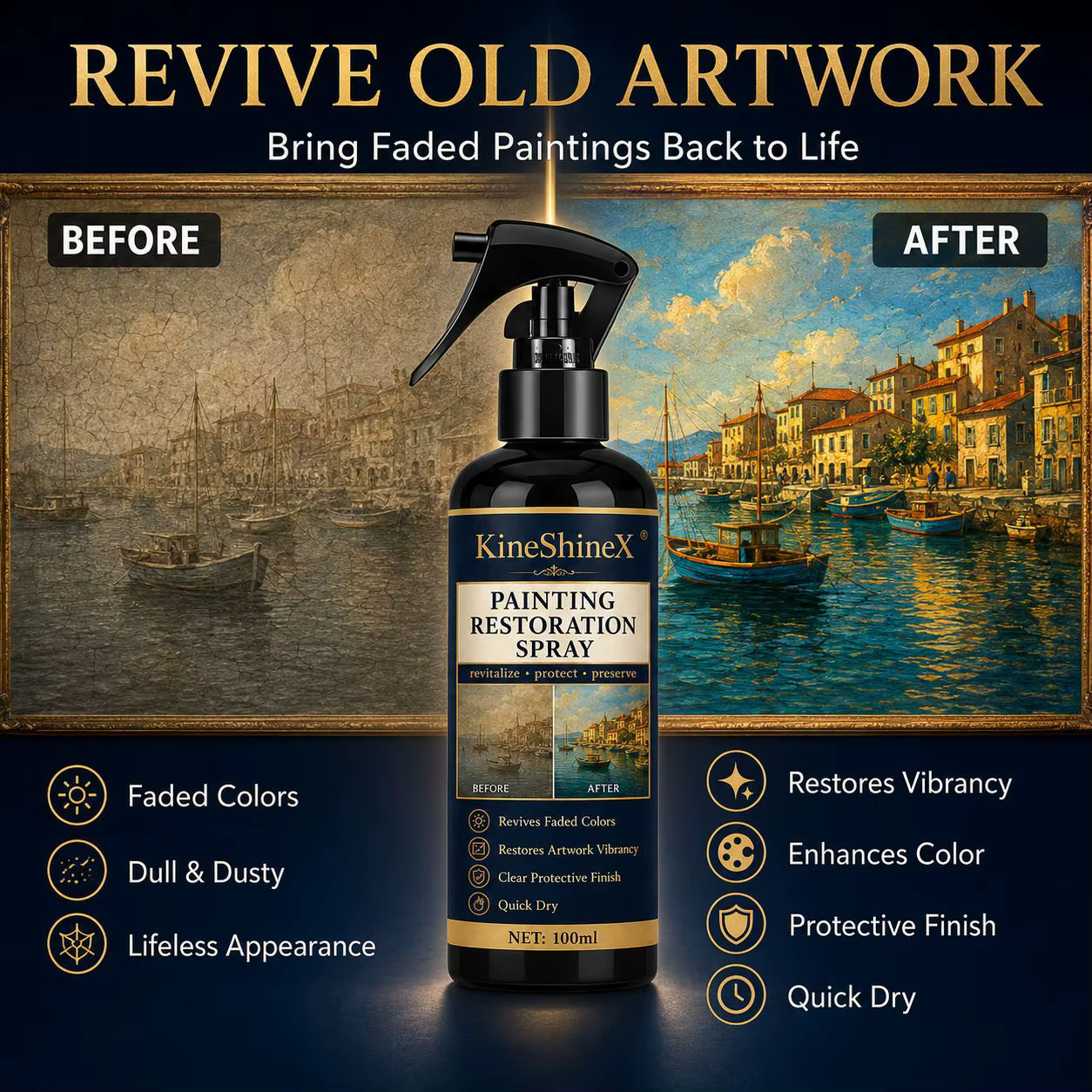 Spray de restauration de peinture 50ml/100ml – Redonne vie aux couleurs ternies et restaure la vitalité des œuvres d'art, séchage rapide pour les peintures à l'huile et les œuvres sur toile